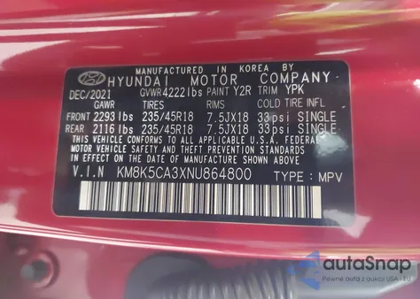 2022 Hyundai Kona Limited z USA, uszkodzony, nr VIN KM8K5CA3XNU864800